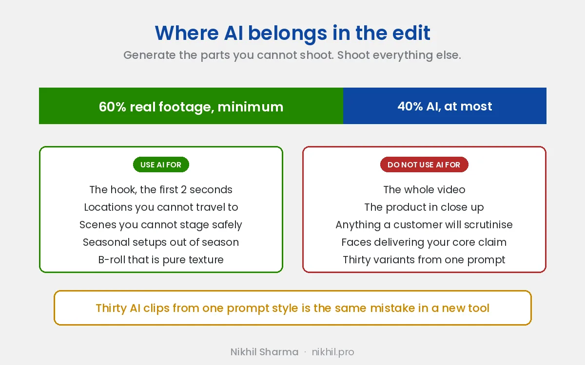 Where AI belongs in the edit: at least 60% real footage, AI for the hook, for locations you cannot travel to, for scenes you cannot stage safely and for seasonal setups out of season, never for the whole video, the product in close up or thirty variants from one prompt