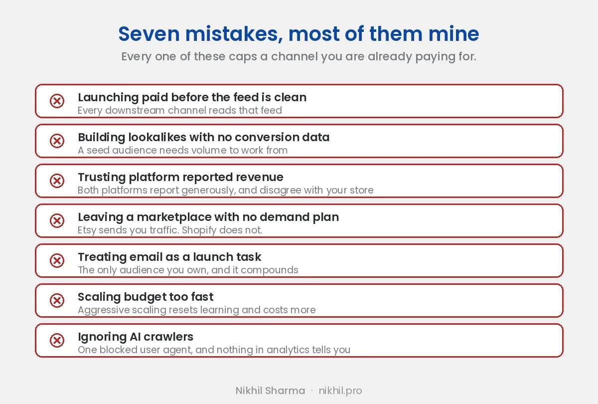 Seven common mistakes: launching paid before the feed is clean, building lookalikes with no conversion data, trusting platform reported revenue, leaving a marketplace with no demand plan, treating email as a launch task, scaling budget too fast, and ignoring AI crawlers