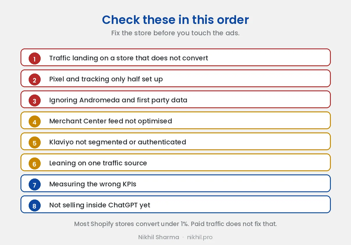 The eight causes in the order worth checking them: a store that does not convert, incomplete pixel and tracking, ignoring Andromeda and first party data, an unoptimised Merchant Center feed, unsegmented Klaviyo, a single traffic source, the wrong KPIs, and not selling inside ChatGPT