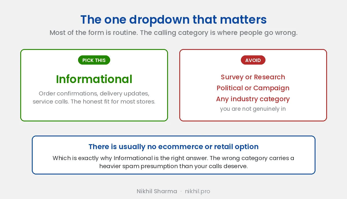 On the Free Caller Registry form, pick Informational for a typical ecommerce business, and avoid Survey or Research, Political or Campaign, and any industry category you are not genuinely in, because there is usually no ecommerce or retail option