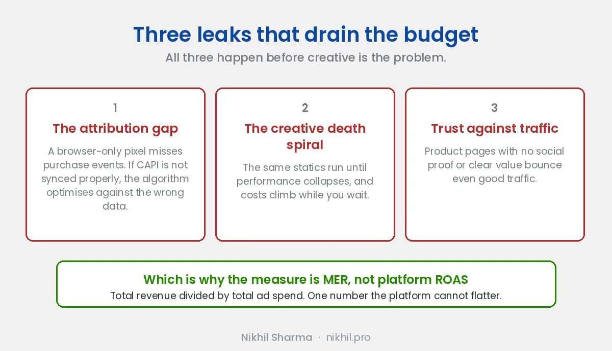 Three leaks: the attribution gap where a browser-only pixel misses purchases and unsynced CAPI makes the algorithm optimise against the wrong data, the creative death spiral where the same statics run until performance collapses, and product pages with no social proof bouncing good traffic